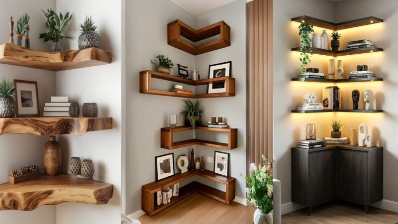 ۲۵ مدل شلف دیواری سه کنج چوبی که دکور خانه‌تان را متحول می‌کند!
