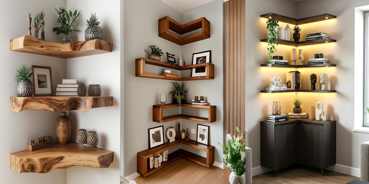 ۲۵ مدل شلف دیواری سه کنج چوبی که دکور خانه‌تان را متحول می‌کند!
