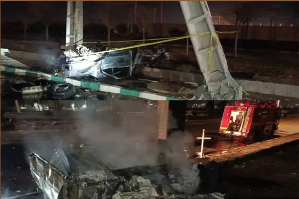 انحراف خطرناک پژو پارس در کرمانشاه و آتش‌سوزی وحشتناک پس از برخورد با تیر چراغ برق!