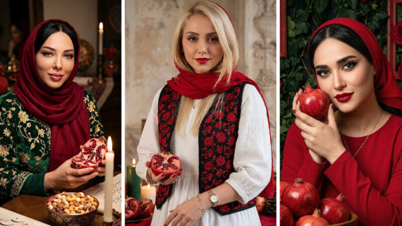 استایل‌های قرمز مخمل بازیگران در شب یلدا؛ گرمایی که از قاب هوش مصنوعی می‌تابد!