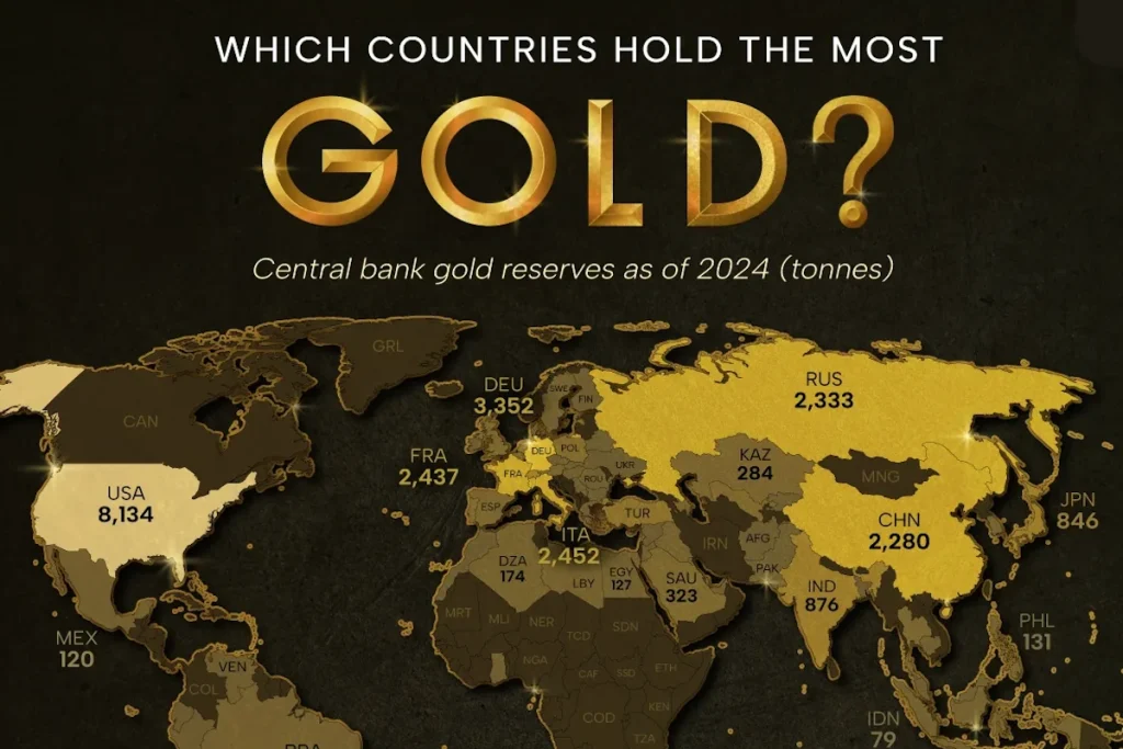 کشورهایی که بیشترین ذخایر طلا را تا سال ۲۰۲۴ در اختیار دارند + اینفوگرافی