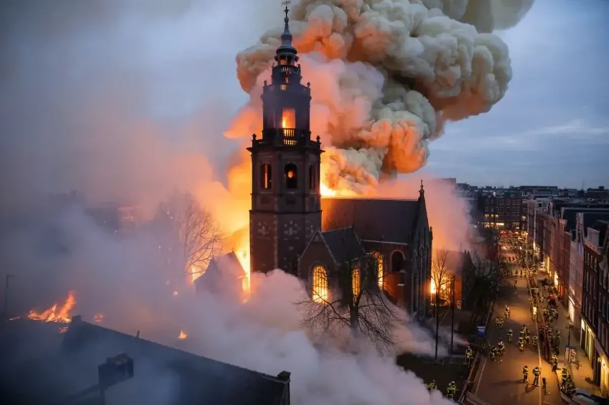 شب سال نو به آتش کشیده شد؛ مناره کلیسای تاریخی آمستردام فرو ریخت (+عکس و فیلم)