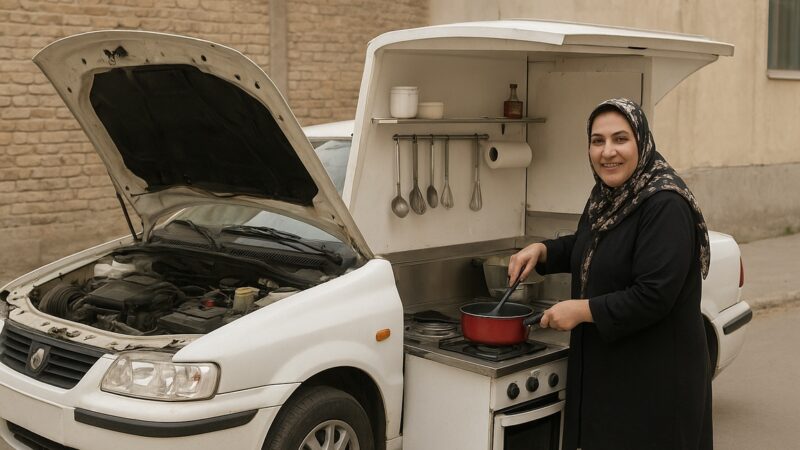 خلاقیت شاهکار خانم خوش ذوق سبزواری برای تبدیل خودرو ال 90 به آشپزخانه سیار حماسه ‌آفرید، به هیچی رحم نکرده / هنر نزد ایرانیان است و بس😂