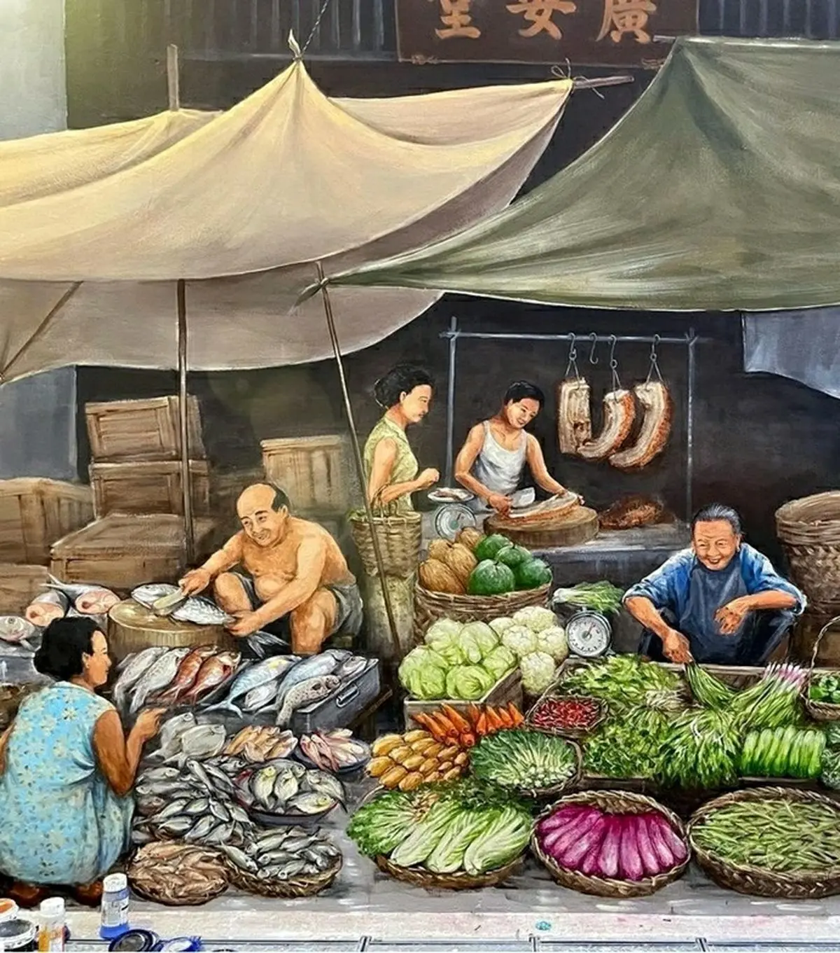 خلاقیت هنرمند چینی در نقاشی یک بازار‌‌ سه‌بعدی بر روی دیوار - وب‌گردی