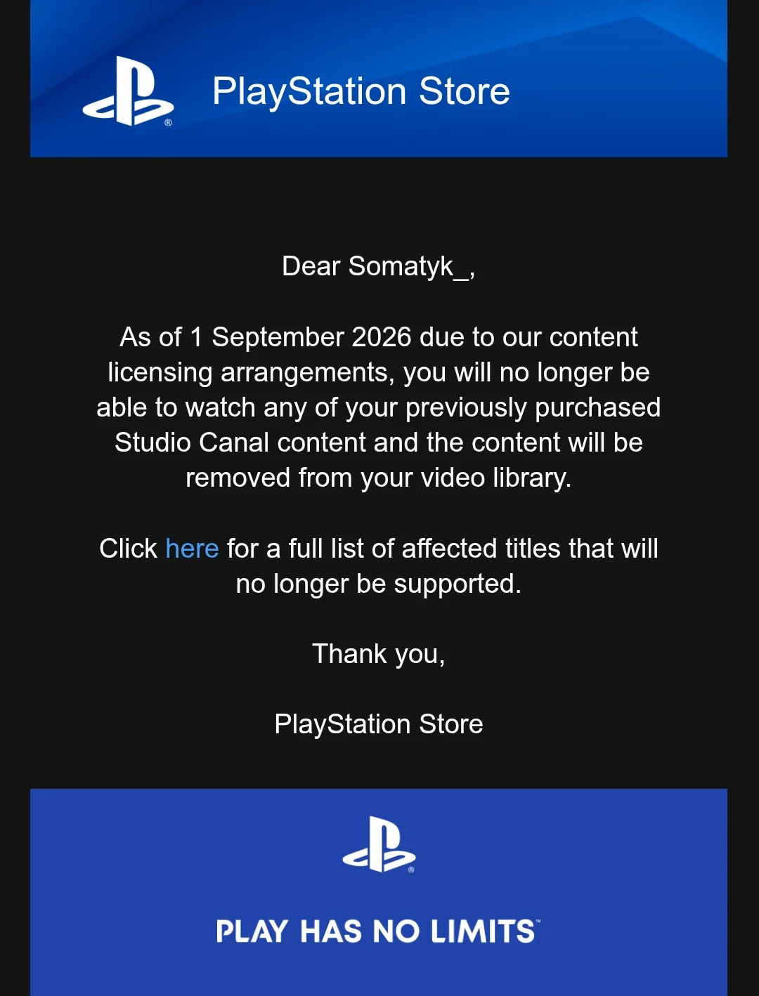 Playstation Store Notice from Sept 1 2026 Licensed Studiocanal Titles Will Be Removed from Your Library Due to Licensing