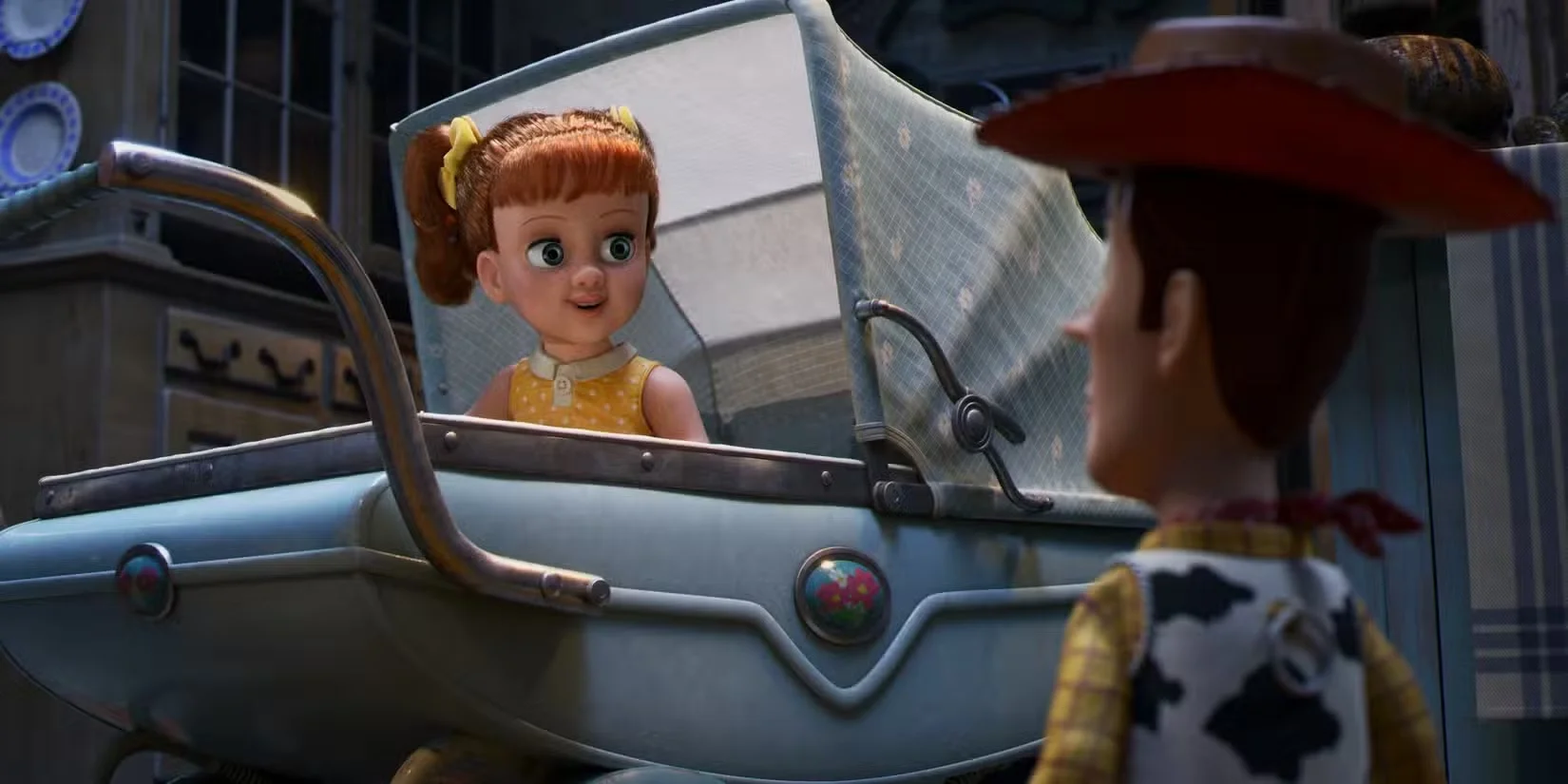 Gabby Gabby Girl with a Yellow Dress Sits in a Vintage Blue Car Smiling at a Boy in a Cowboy Hat Outside the Windshield