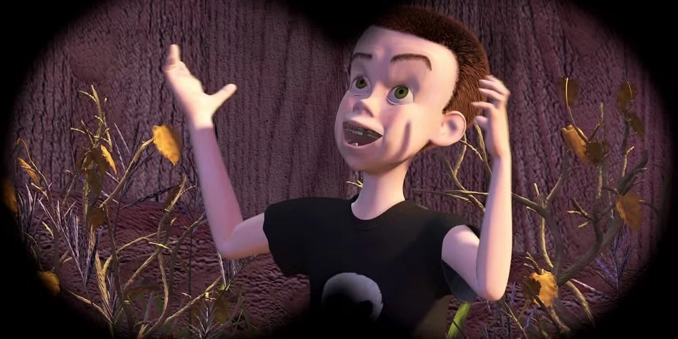 Sid Animated Boy with Short Brown Hair in a Black Shirt Arms Raised in a Startled Pose Among Bare Branches in a Dark Vignette Scene