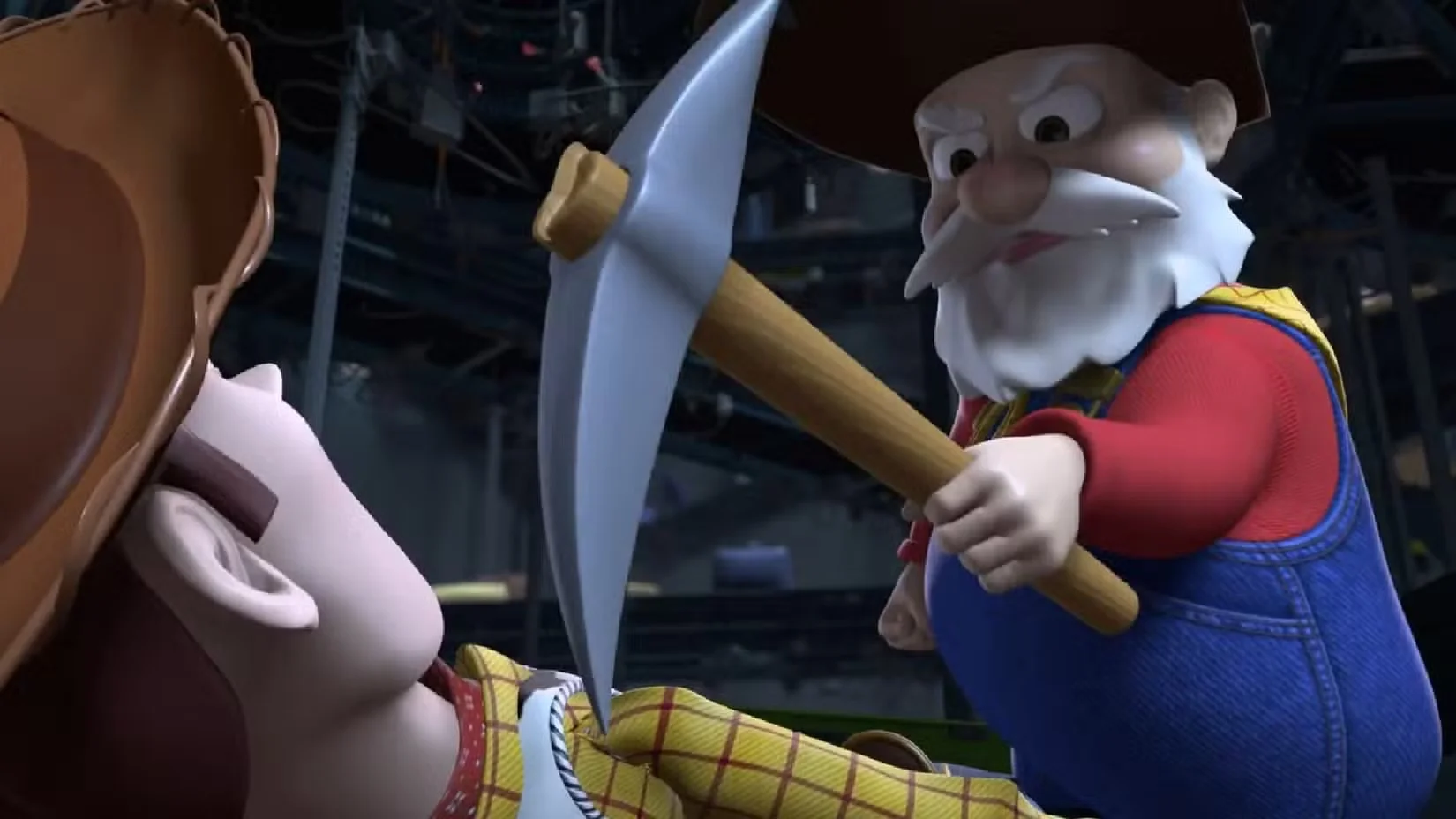 Stinky Pete an Elderly Man with a White Beard in Red Shirt and Blue Overalls Raises a Large Axe Toward a Person Lying on the Ground Wearing a Yellow Plaid Shirt