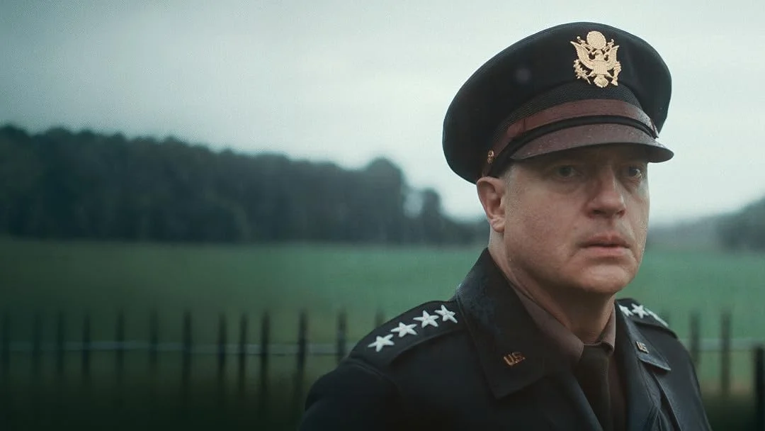 Four star Us Army General in Dress Uniform Standing Outdoors with a Fence and Green Fields in the Background