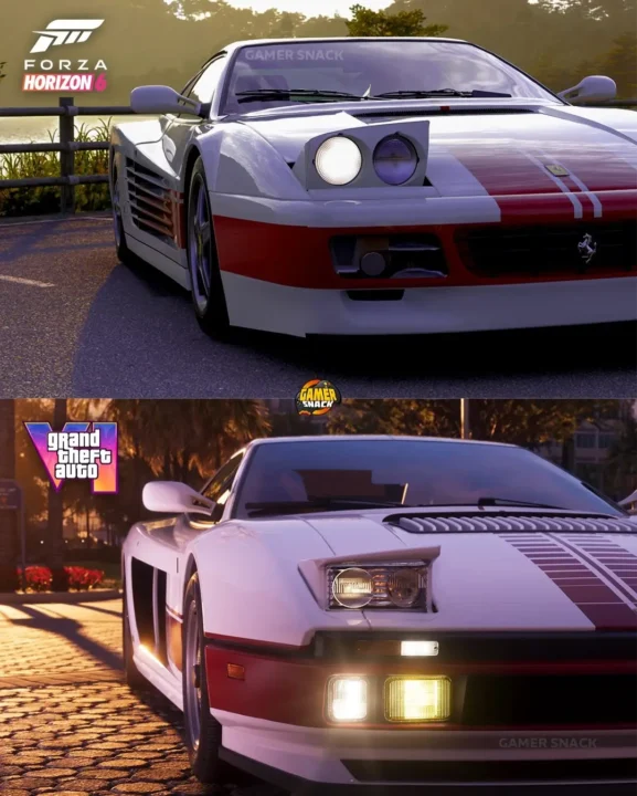 Two White Race Cars with Branding from Forza Horizon 6 and Gamer Snack on a City Road