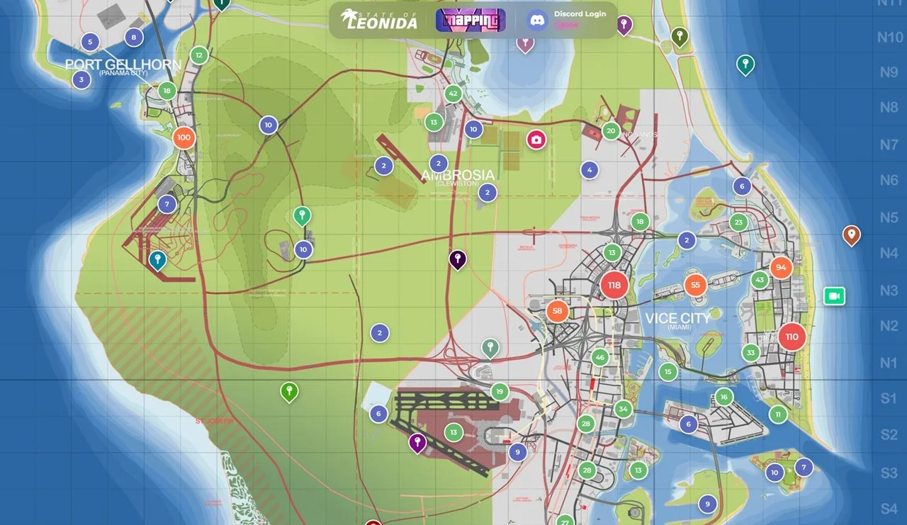 Stylized Game like Map of a Coastal City with Numerous Color coded Markers over Green Parks and Blue Water