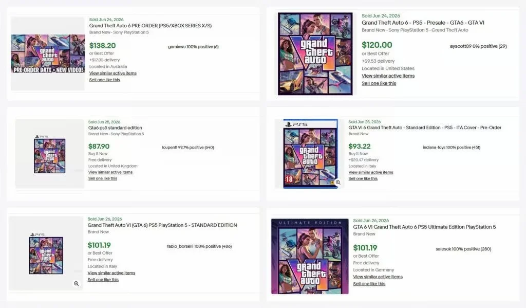 Image Showing Six Pre order Listings for Grand Theft Auto Vi with Different Prices and Regions Across a Marketplace Layout Including Small Game Cover Thumbnails
