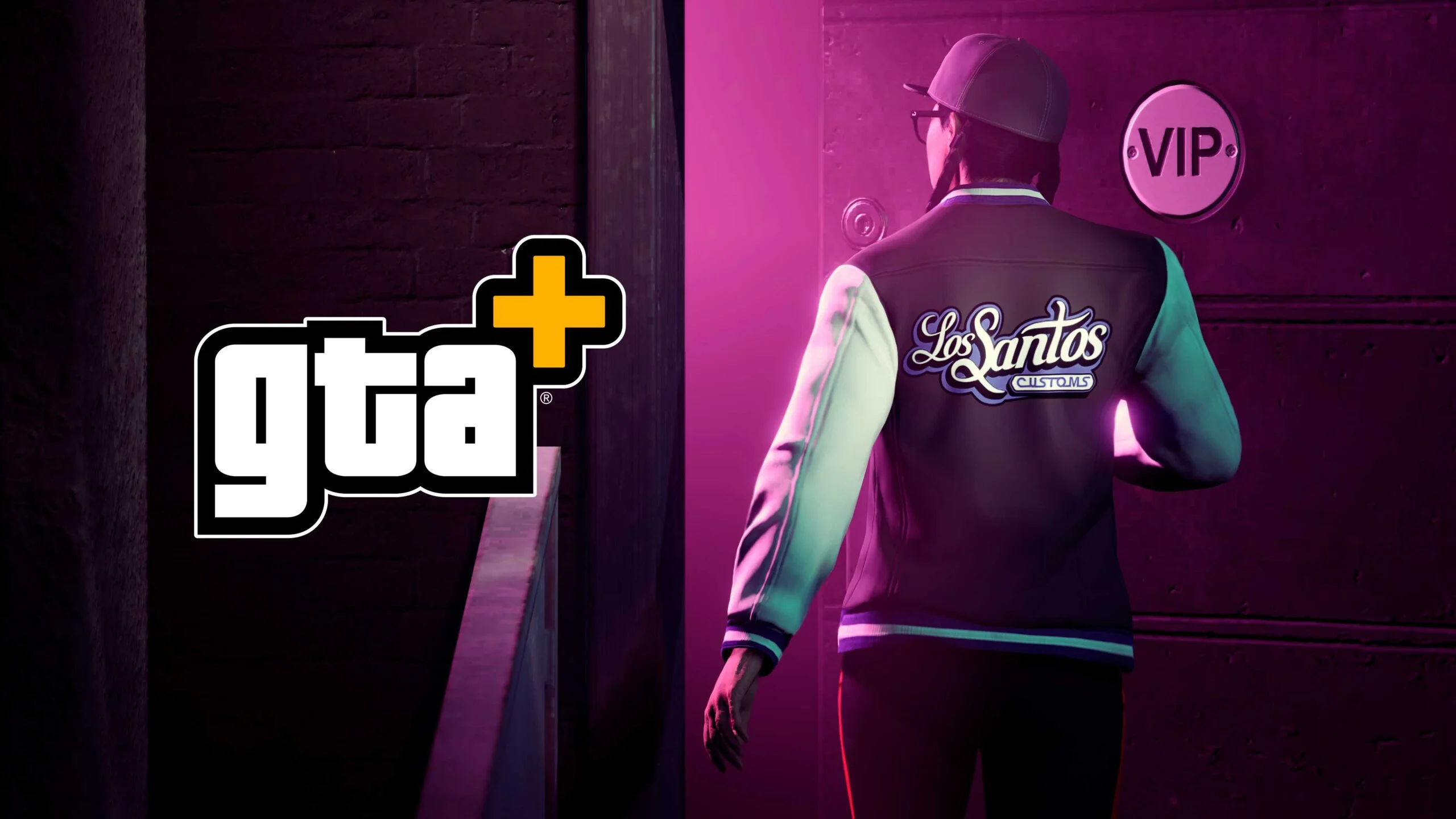 Back View of a Person in a Los Santos Customs Jacket Walking Toward a Pink lit Doorway with a Vip Sign on the Wall gta style Promo Image