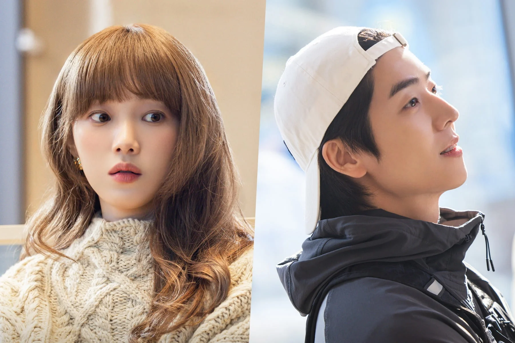 in Your Radiant Season Two People Split by a Divider Left a Woman with Long Brown Hair in a Cream Knitted Sweater Looking to the Right Right a Man Wearing a White Cap and Black Jacket Looking Upward