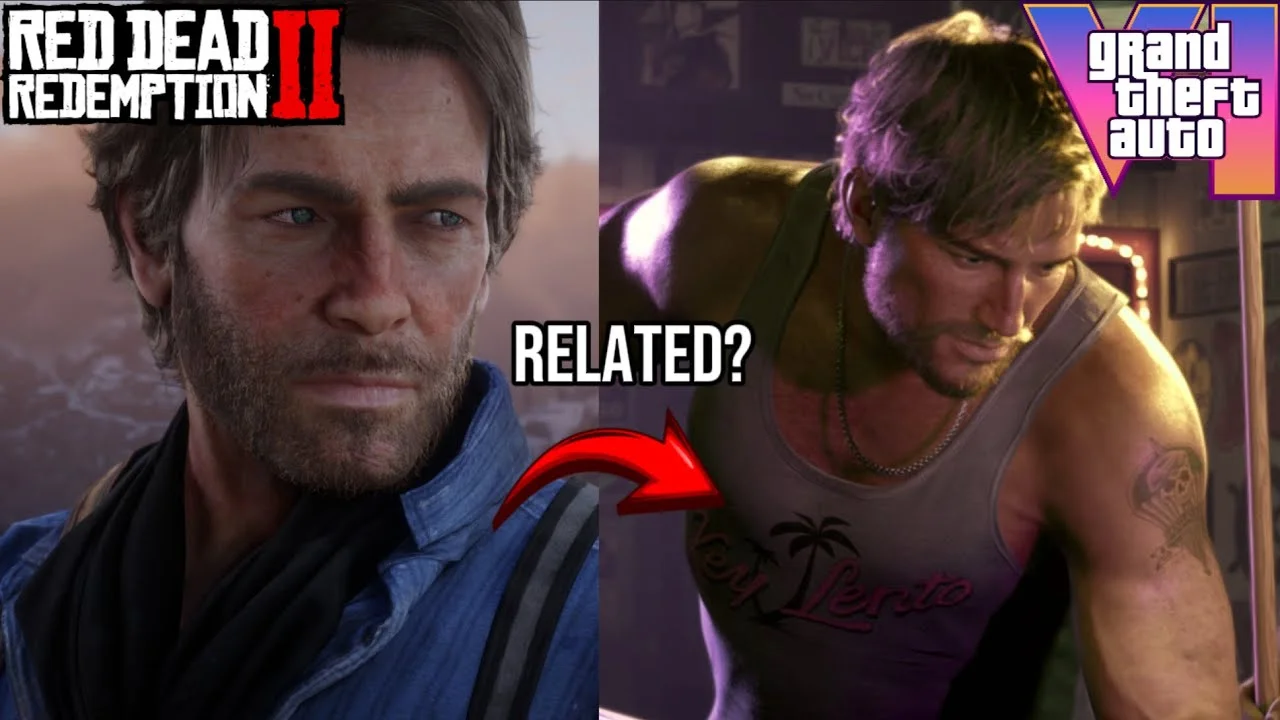 Split Image Comparing Two Rugged Male Characters with 'related' Text and a Red Arrow Between Them Gta and Red Dead Redemption Logos Visible in Corners