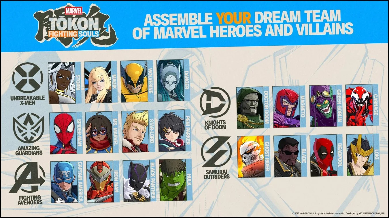Banner Poster with the Title'Assemble Your Dream Team of Marvel Heroes and Villains' and rows of character portraits labeled by teams (X-Men, Avengers, Guardians, Knights of Doom, Samurai Outriders)