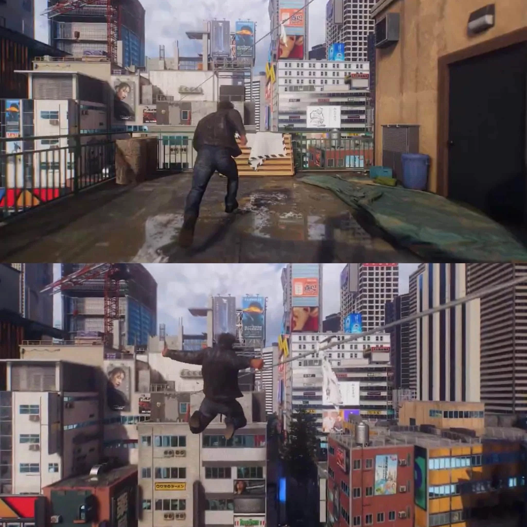 Man in Dark Clothing Leaps Across a Rooftop in a Dense Urban Cityscape with Tall Buildings and Bright Billboards in the Background