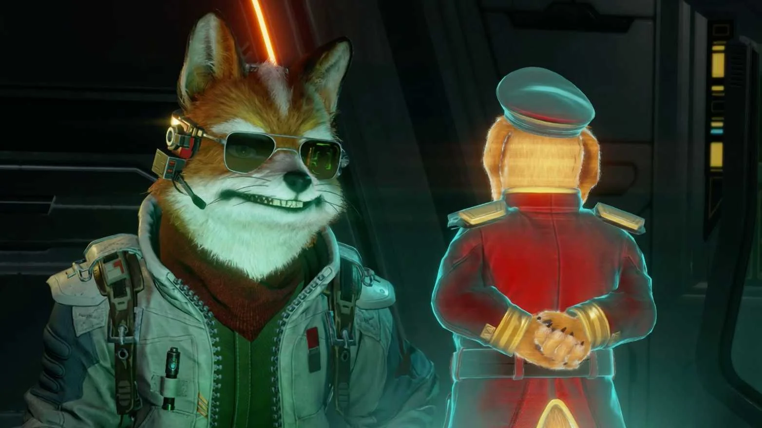 Raccoon Astronaut Wearing a Green Flight Suit and Sunglasses with a Headset in a Scifi Spaceship Interior