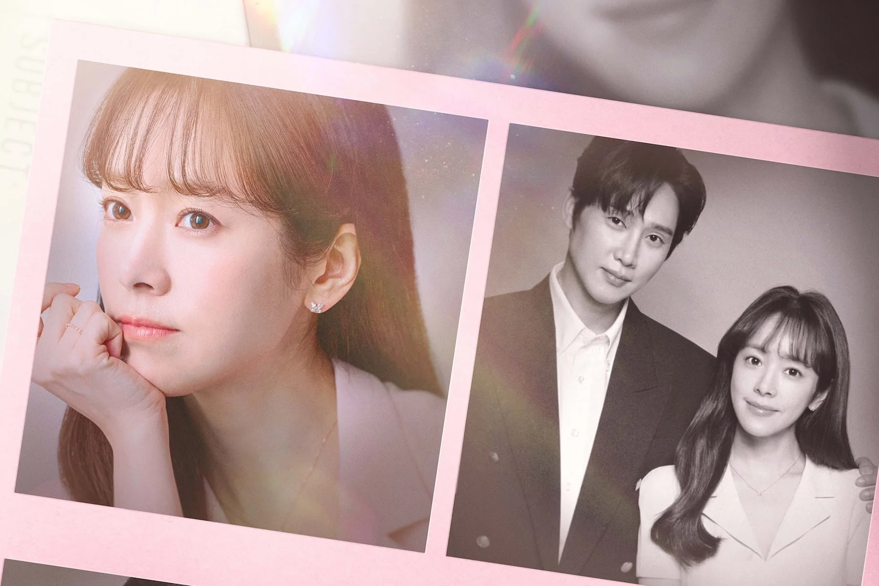 the Practical Guide to Love Kdrama Close up Portrait of a Woman with Her Hand Under Her Chin Paired with a Black and white Portrait of a Man in a Suit and a Woman in a Pink Photo Collage Border