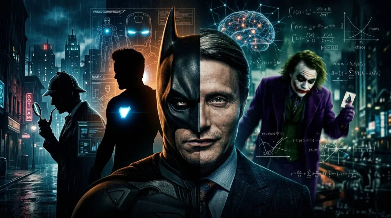 1000003683 Split Image of Batman on the Left and Joker on the Right with a Neon Gotham Backdrop and Futuristic Scifi Diagrams Behind Them