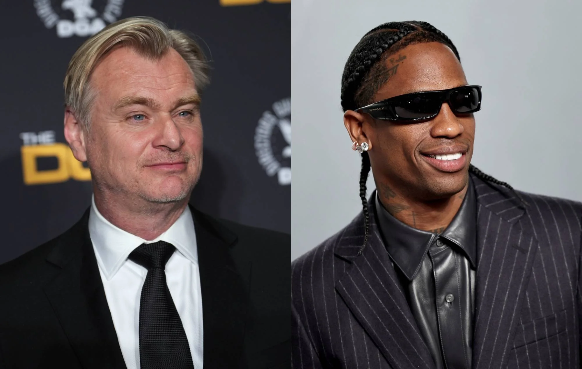 2026 christophernolan travisscott getty 2000x1270 11zon Two Men in Formal Attire Left Light haired Gentleman in a Black Suit and Tie Right Man in a Pinstripe Suit with Sunglasses and Braids Smiling