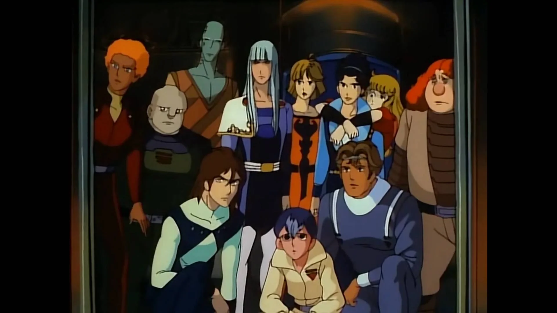 2323727 11zon Diverse Group of People in Futuristic Outfits Posing Together for a Group Portrait in a Dim Enclosed Room or Ship Interior