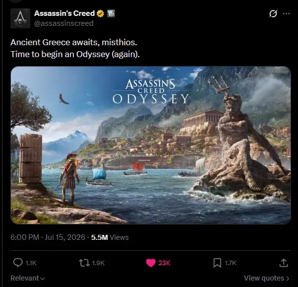 Promotional Banner for Assassin's Creed Odyssey Showing Ancient Greek Coastal Town Hero Overlooking the Sea with Ruins and Statues in the Foreground