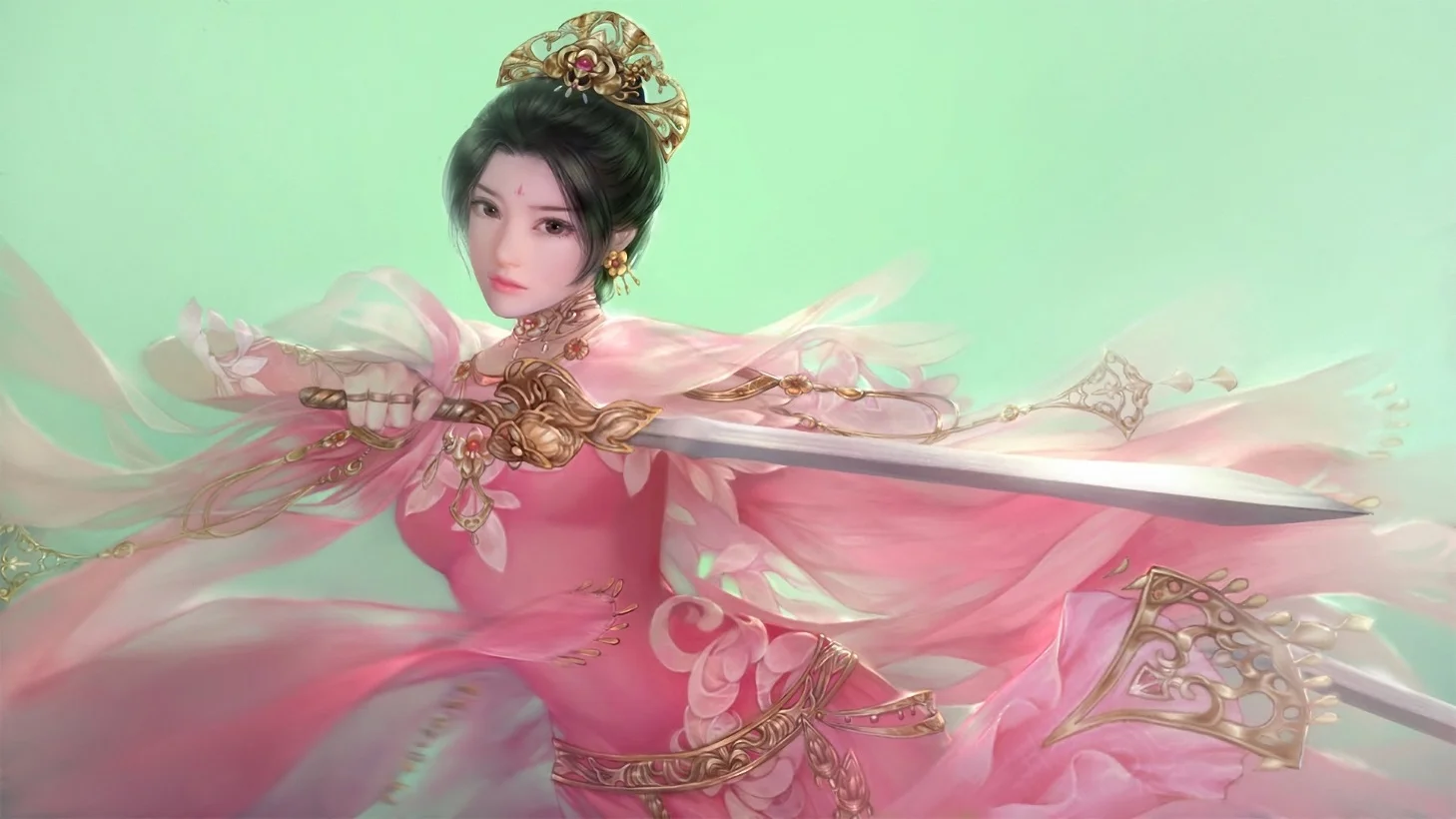 Female Fantasy Warrior in a Pink Flowing Dress Wielding a Ornate Sword Against a Mint Green Background