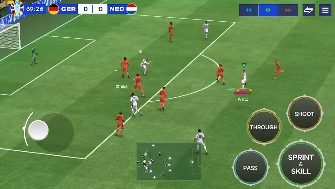 Soccer Game Screenshot Germany Vs Netherlands 0 0 6926 Players in Orange and White Contest Near the Penalty Area On screen Controls Visible pass Through Shot Sprint & Skill
