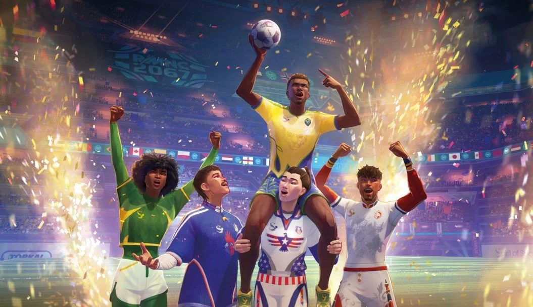 Soccer Team Celebrates a Victory As a Player in Yellow is Lifted on Teammates Shoulders Raising a Ball High Amid Confetti in a Packed Stadium
