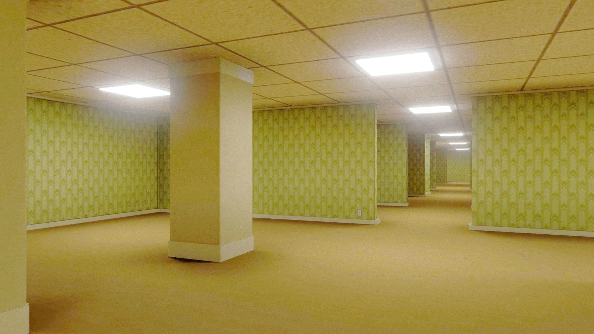 Long Empty Hallway with Yellow Patterned Wallpaper Square Column and Bright Rectangular Ceiling Lights Stretching into the Distance in Warm Tones