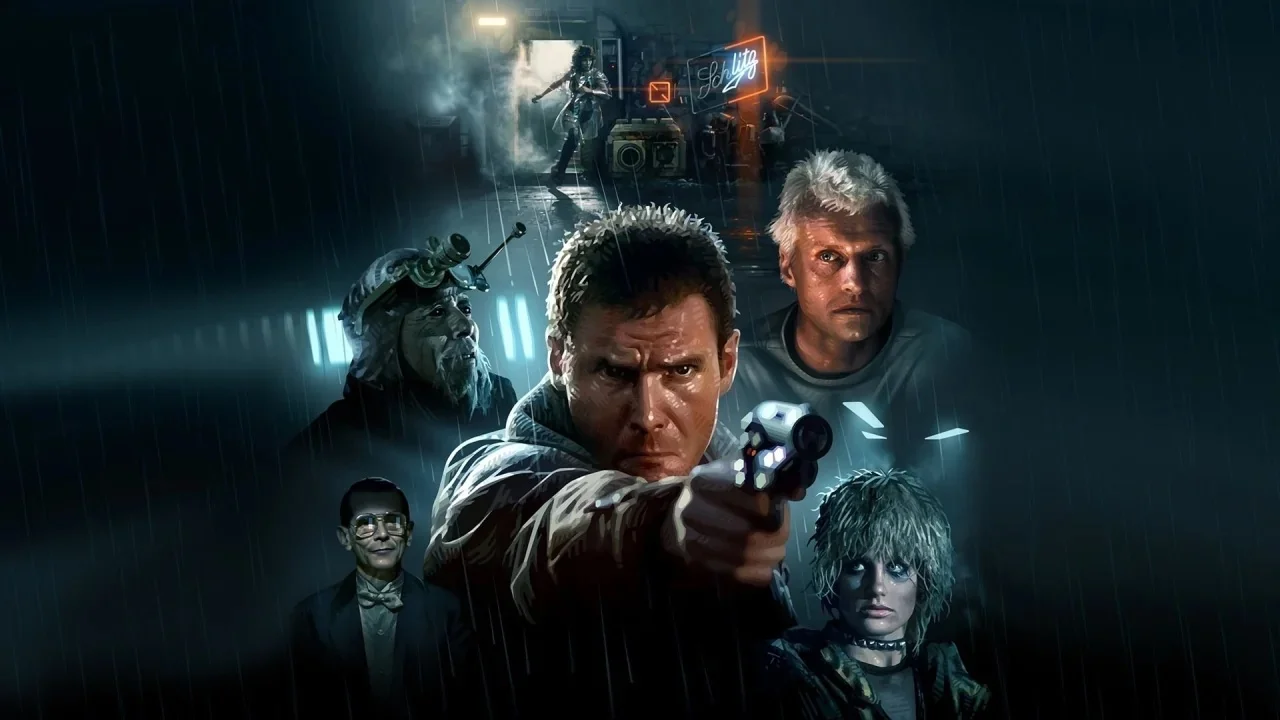 Blade Runner 1982 Central Man Aims a Futuristic Pistol Toward the Viewer in a Rainy Neon lit Promo Poster with Three Allies Behind Him and a Dark Urban Backdrop
