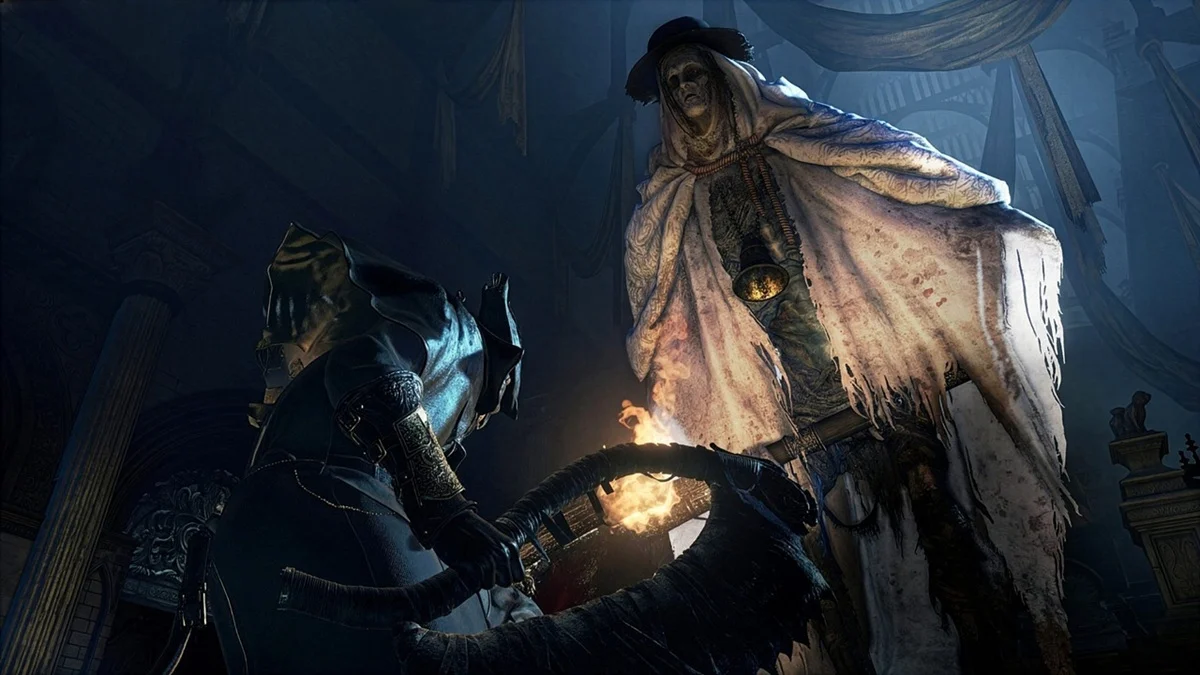Dark Armored Knight Fights a Tall Pale robed Foe Inside a Dim Cathedral Fire Glimmering Between Them