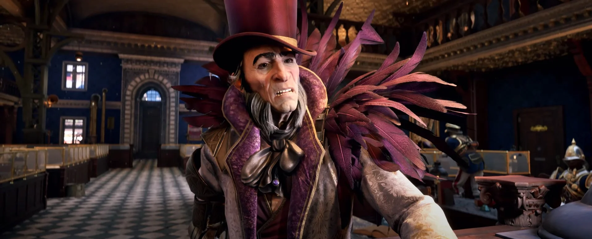 Dramatic Costumed Performer with a Tall Burgundy Hat and Purple Feathered Cape in a Vintage Theater Interior
