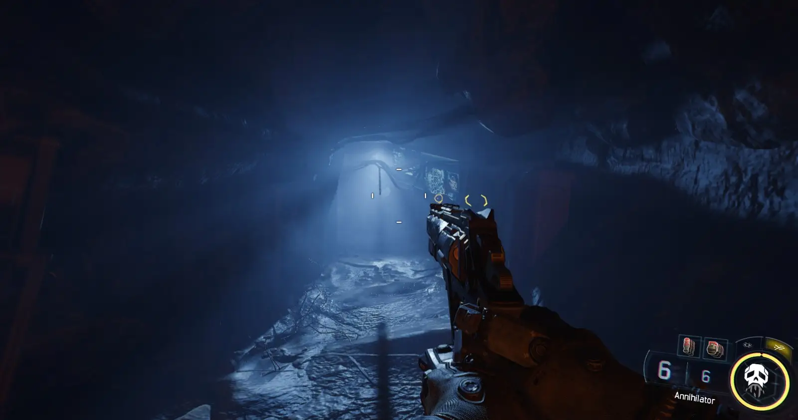 First person View in a Dark Icy Cave Aiming a Futuristic Pistol Toward a Glowing Exit Ammo Hud Shows 66 and Annihilator