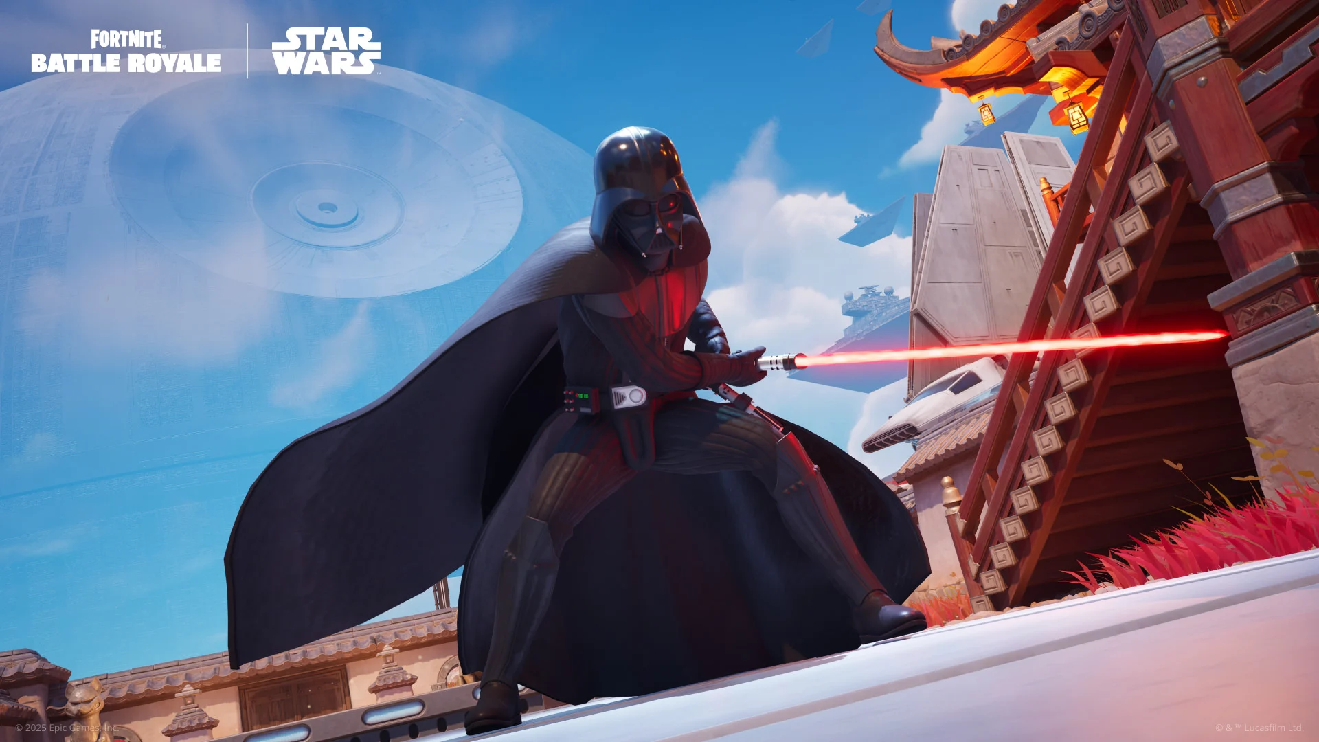Darth Vaderstyle Warrior with a Red Lightsaber on a Moving Platform Death Star in a Blue Sky Backdrop