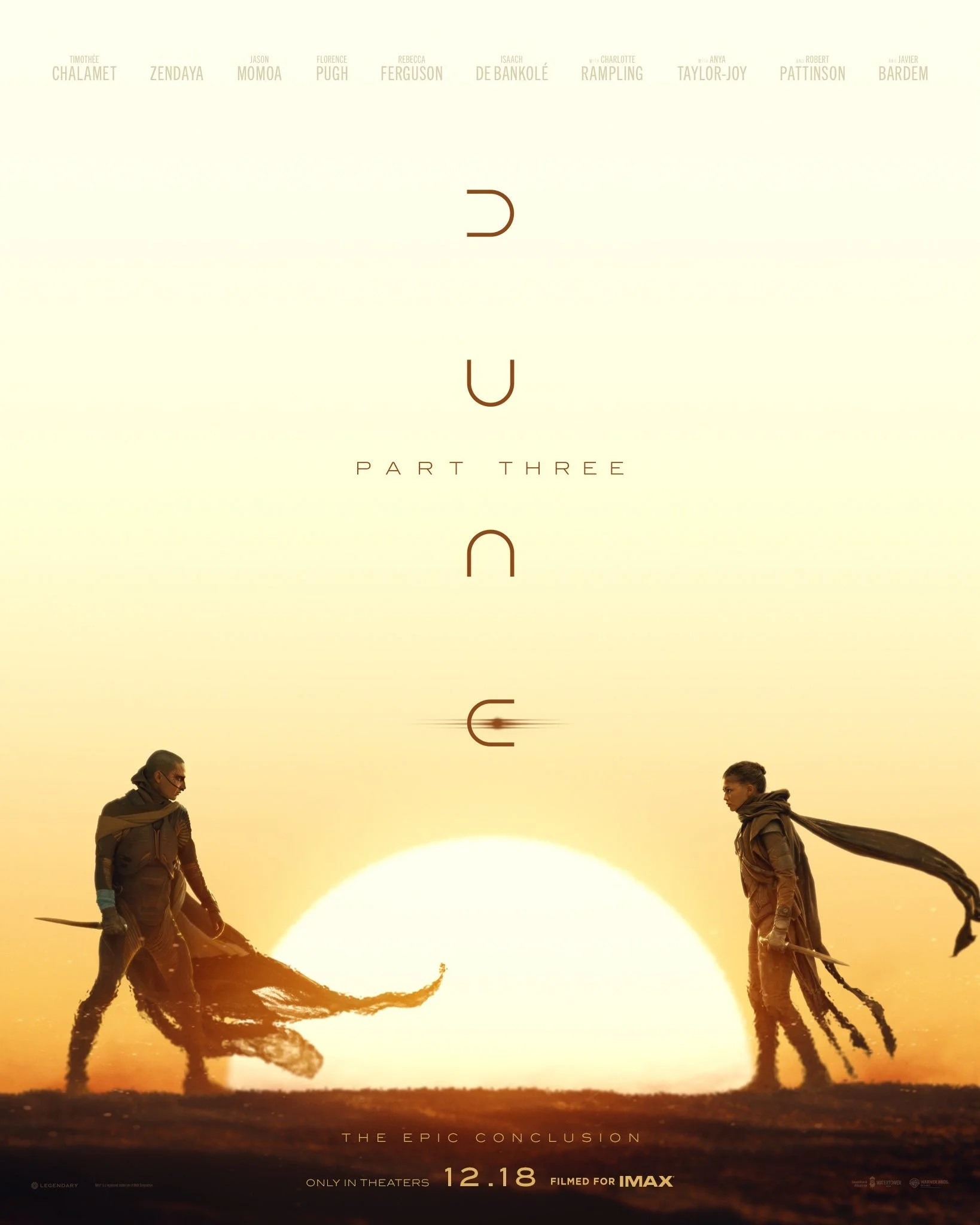 Poster for a Sci fifantasy Film Two Armored Warriors Face Each Other with a Large Sun Between Them at Sunset the Title and Release Date Appear Below