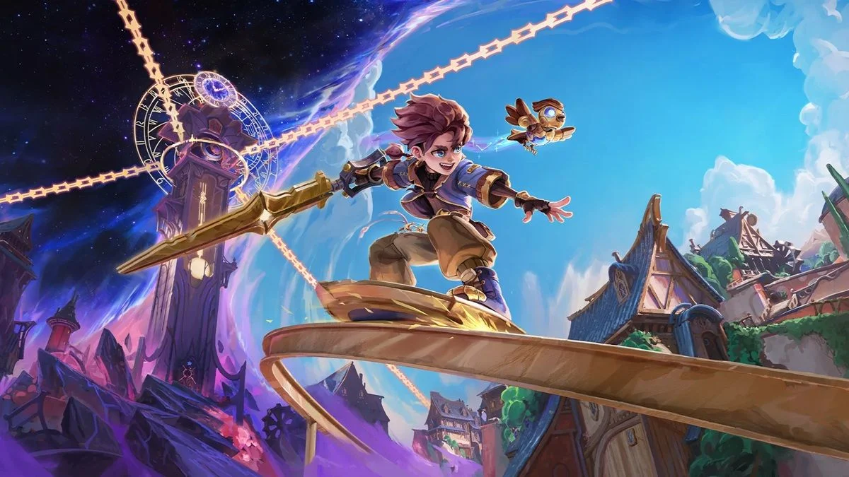 Young Adventurer Rides a Curved Golden Track over a Colorful Fantasy City Sword Drawn with a Small Airborne Companion Nearby