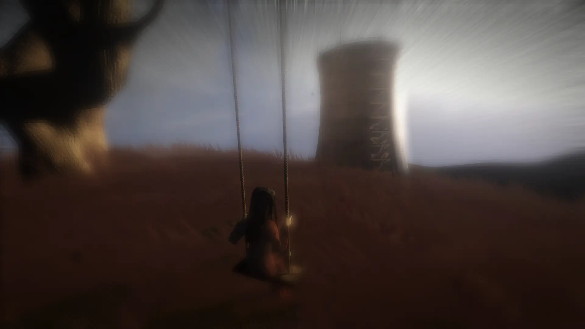 a Person on a Swing in a Dark Desolate Landscape with a Tall Silo like Tower in the Distance