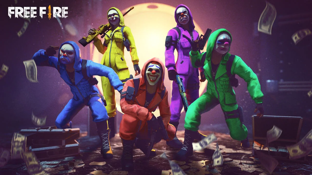 Colorfully Dressed Masked Robbers Pose with Guns in a Moneyflying Heist Scene Free Fire Logo Visible in the Corner