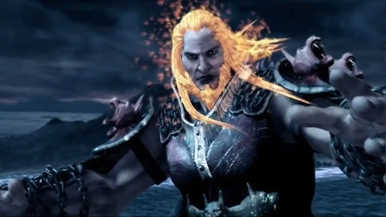 Male Fantasy Warrior with Glowing Orange Hair Summoning Fiery Energy Reaching Toward the Viewer on a Dark Coastal Backdrop