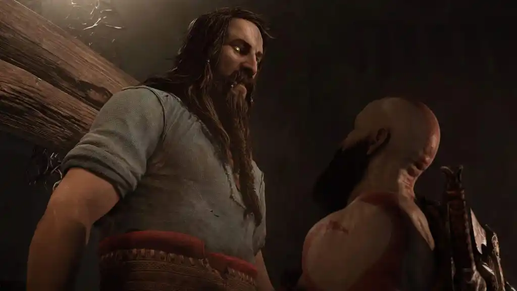 Two Rugged Men Face Each Other in a Dimly Lit Scene One Has Long Hair and a Beard in a Gray Tunic with a Red Belt the Other is Bald with a Beard and Carries a Weapon on His Back