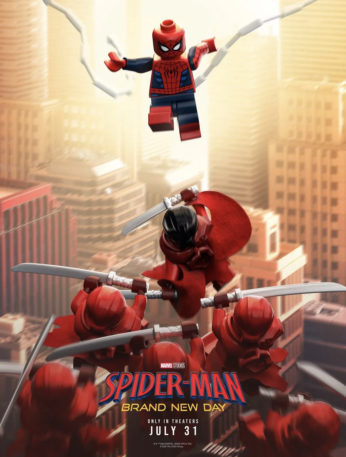 Hm04o2oxsaa3nvh Lego Spider man Swings Through a City Toward Red armored Foes Below on a Poster for Spider man Brand New Day July 31