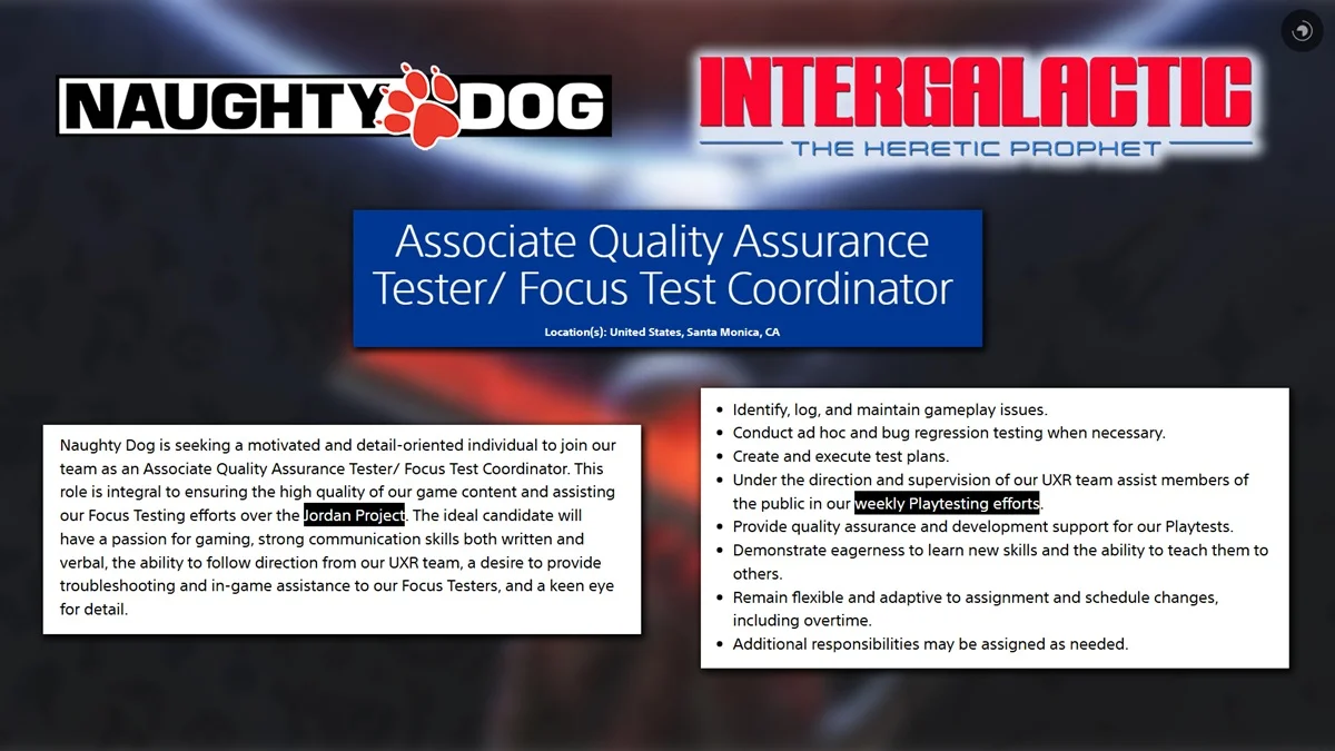 Header Banner Showing Naughty Dog and Intergalactic Logos with a Blue Title Card 'associate Quality Assurance Testerfocus Test Coordinator' santa Monica Ca Two White Text Panels with Role Responsibilities Flank the Title