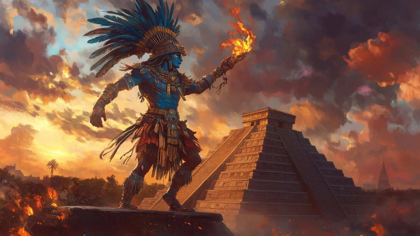 Blue skinned Warrior with a Feathered Headdress Raises a Flaming Torch Before a Stepped Temple at Sunset