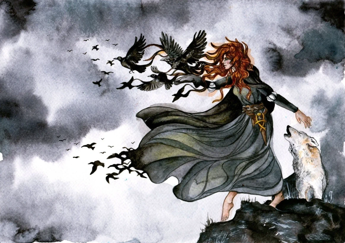 a Red haired Woman in a Flowing Gray Dress Stands on a Rocky Cliff Releasing a Flock of Black Birds into a Stormy Sky While a White Wolf Sits Beside Her and Looks Up