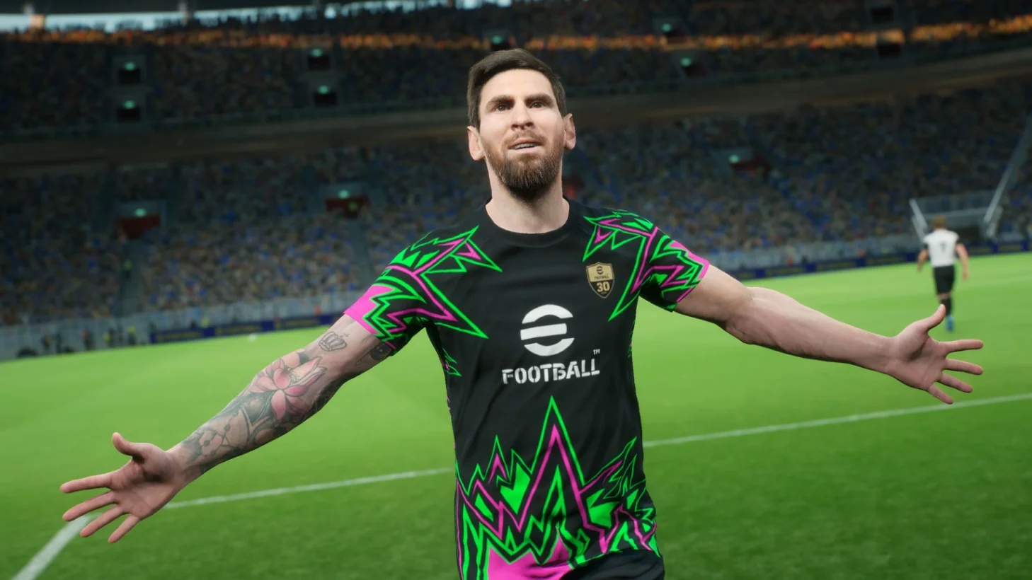 Soccer Player on the Field with Arms Outstretched Wearing a Black Jersey with Neon Pink and Green Zigzag Patterns and a White 'football' Logo Crowd in the Background