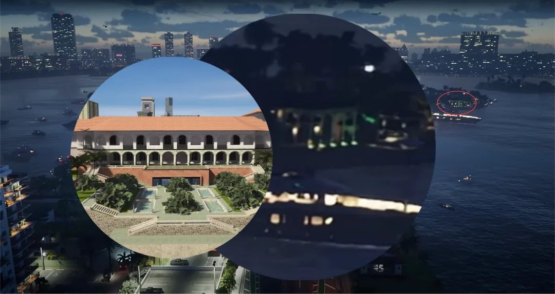 Composite Cityscape at Dusk with Two Overlapping Circular Insets Left Highlights a Daylight View of a Historic Courtyard Building Right Shows a Dark Nighttime Harbor Scene