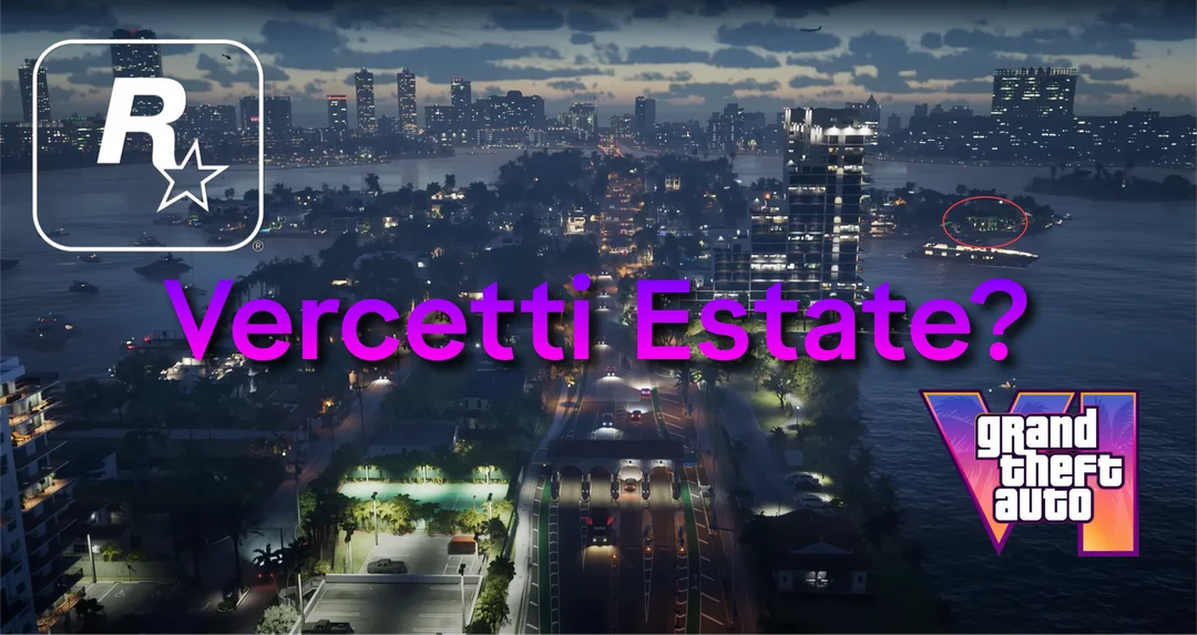 Nighttime City Skyline with Rockstar Logo Top Left Bold Purple Text 'vercetti Estate' and Gta V Emblem Bottom Right