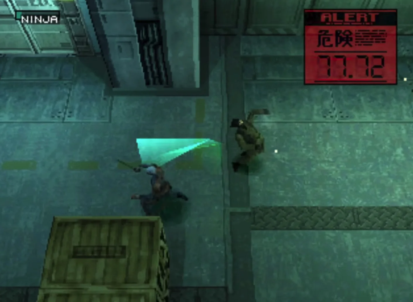 Two Soldiers in a Dim Industrial Corridor Engage in Combat One Swinging a Cyan Energy Blade Toward the Other Near a Stacked Crate and Wall Vents a Red Alert Panel with the Number 7792 is on the Right